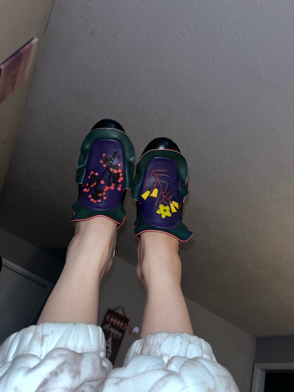 Fendi Green & Purple Floral Embroidered Leather Mules - Picture 11 of 14
